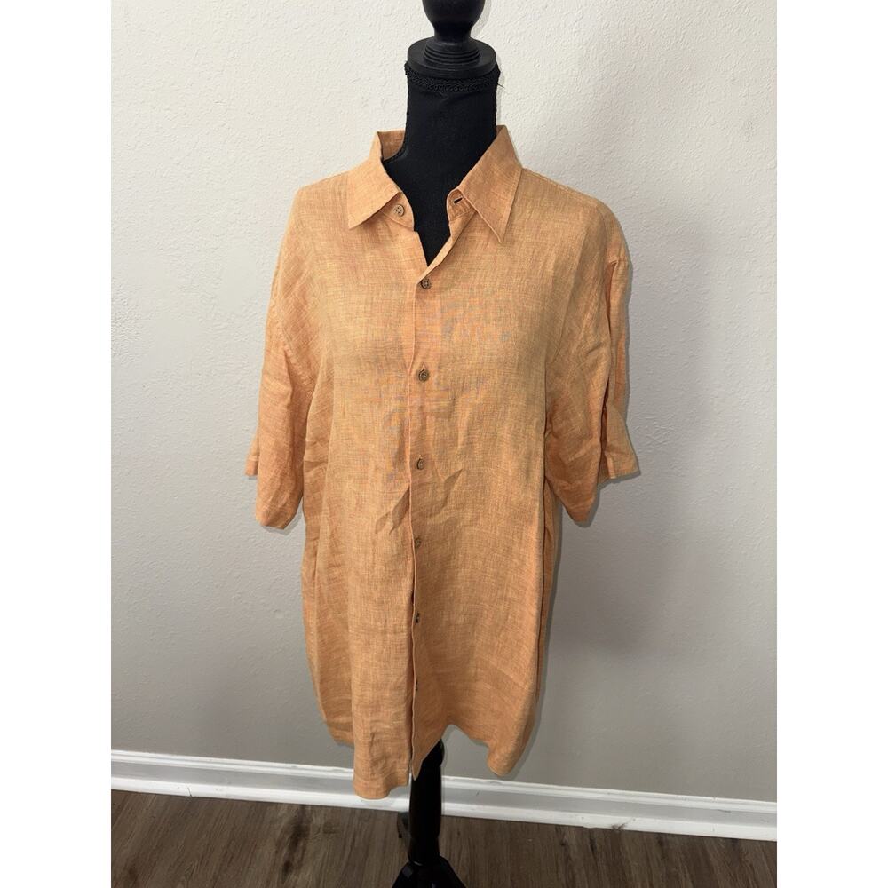 REUNION Men's 100% Linen Shirt Large Orange Short Sleeve Button Up Summer Boho